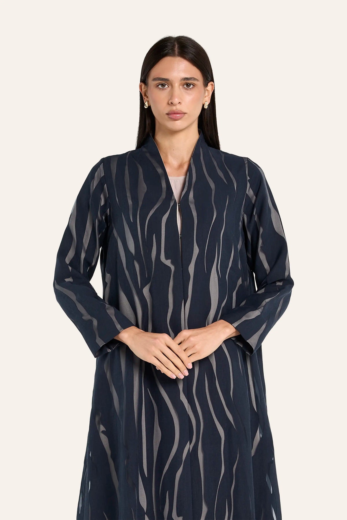 Louzan Devore Satin Lined Abaya - Navy - Image 1
