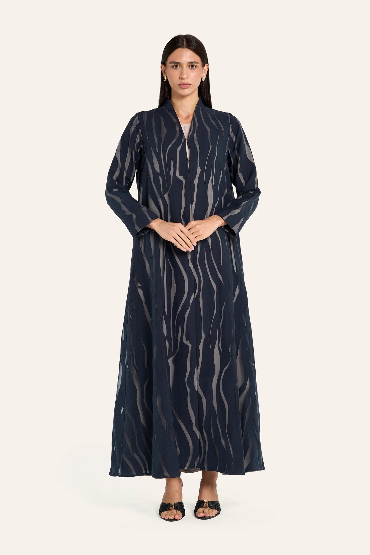 Louzan Devore Satin Lined Abaya - Navy - Image 2