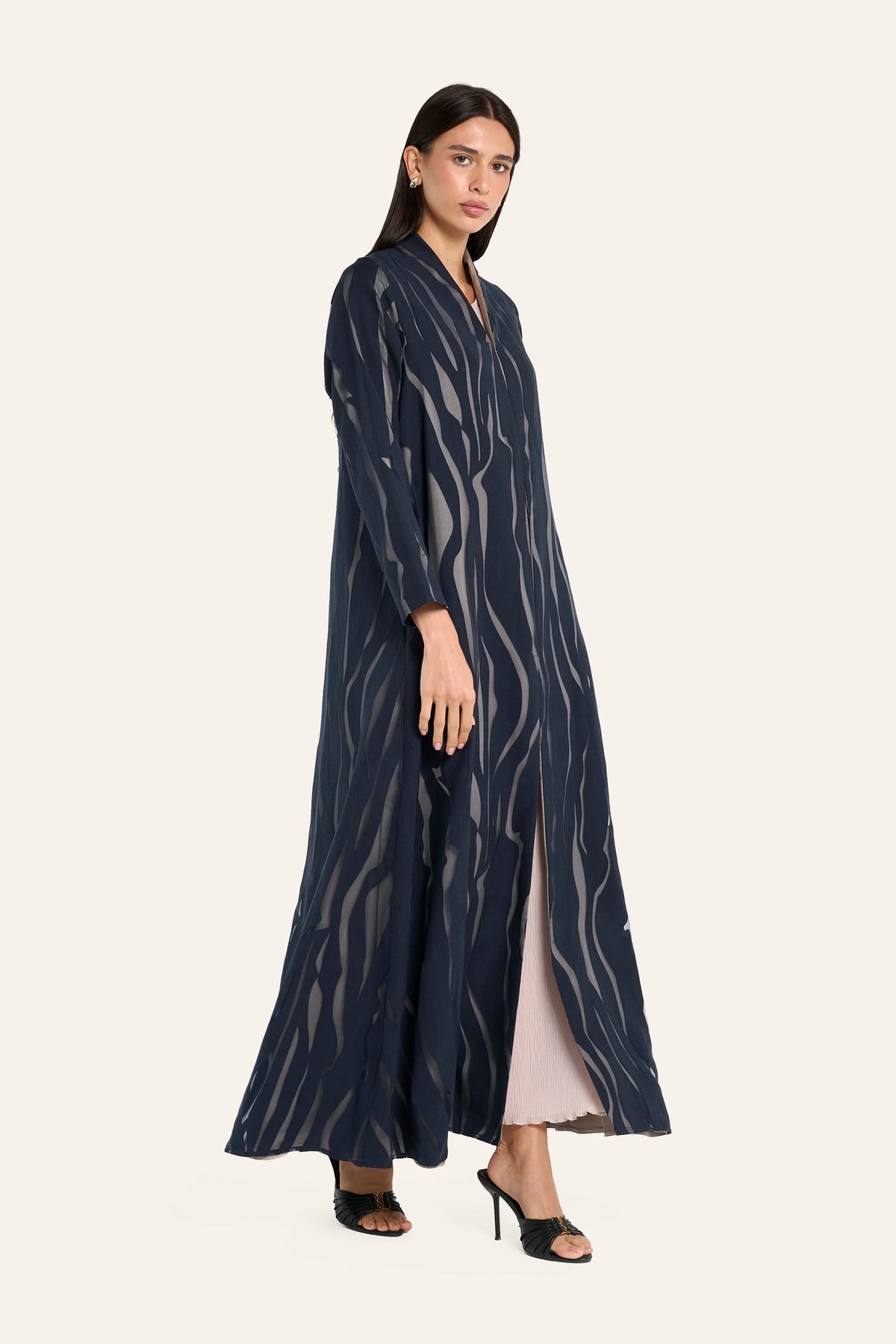 Louzan Devore Satin Lined Abaya - Navy - Image 3