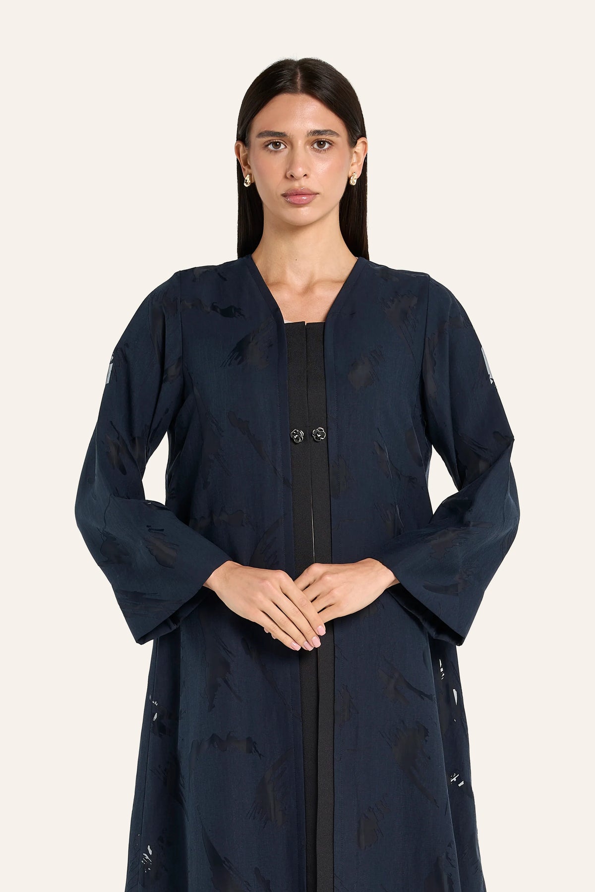 Louzan Devore Organza Placket Abaya - Navy - Image 1