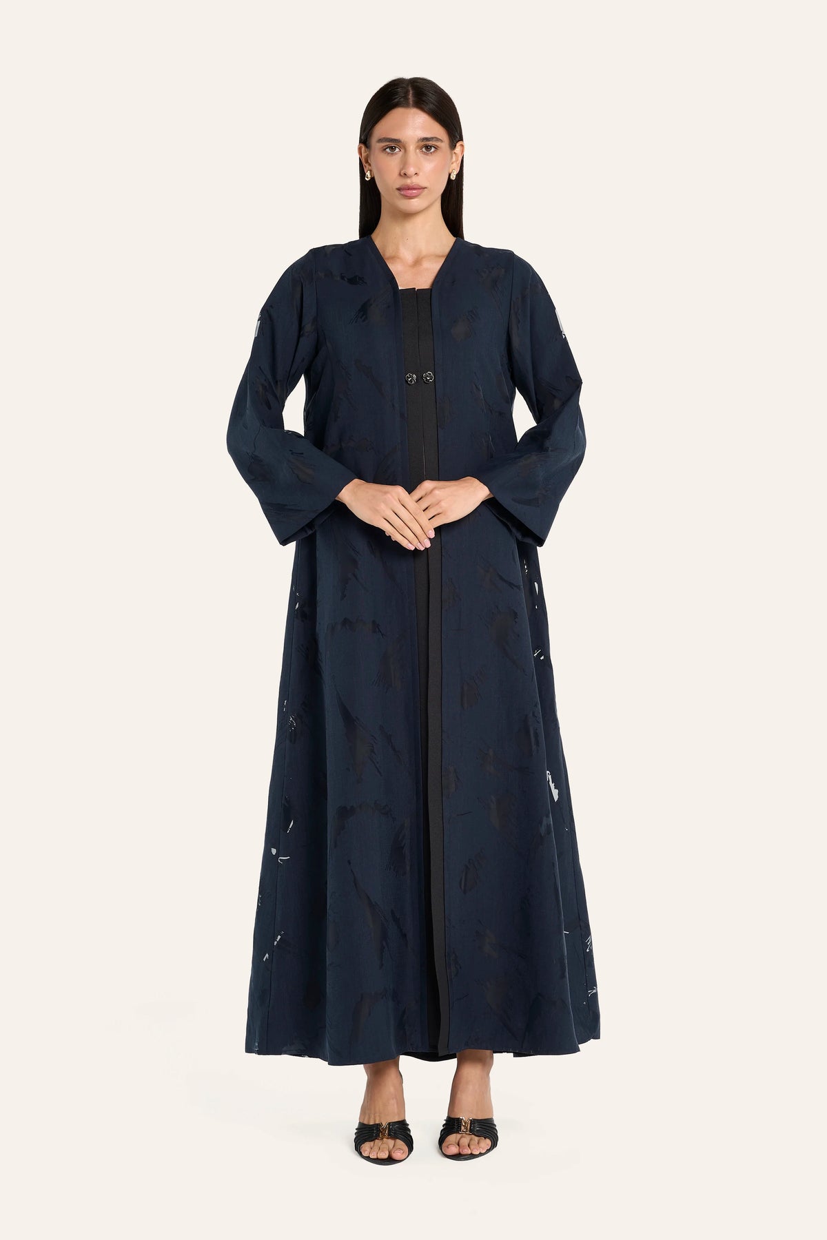 Louzan Devore Organza Placket Abaya - Navy - Image 2