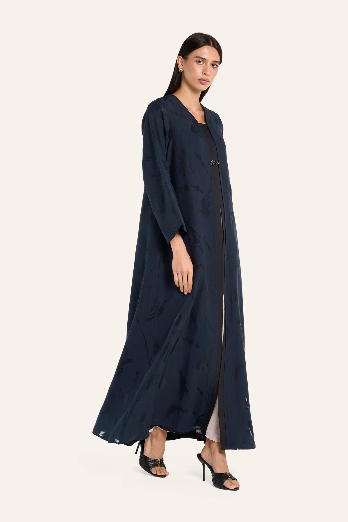 Louzan Devore Organza Placket Abaya - Navy - Image 3