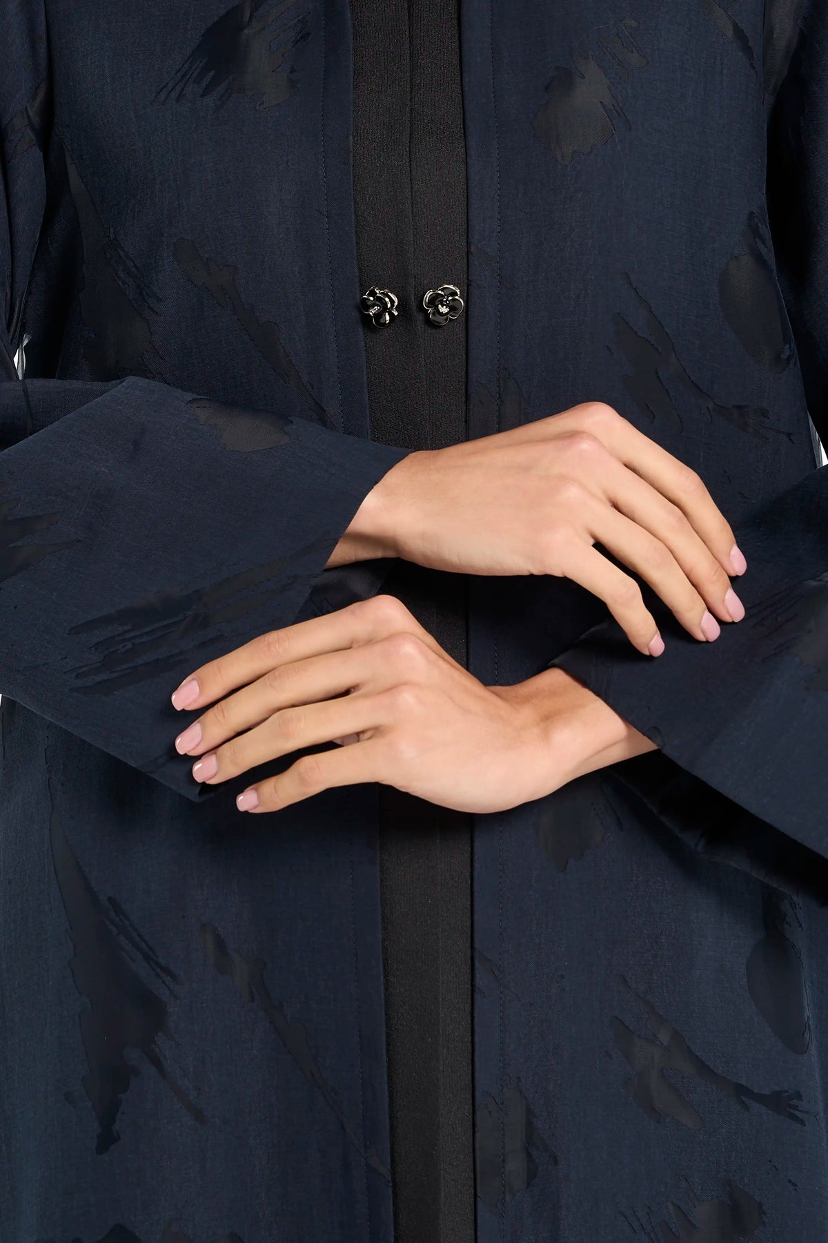 Louzan Devore Organza Placket Abaya - Navy - Image 5