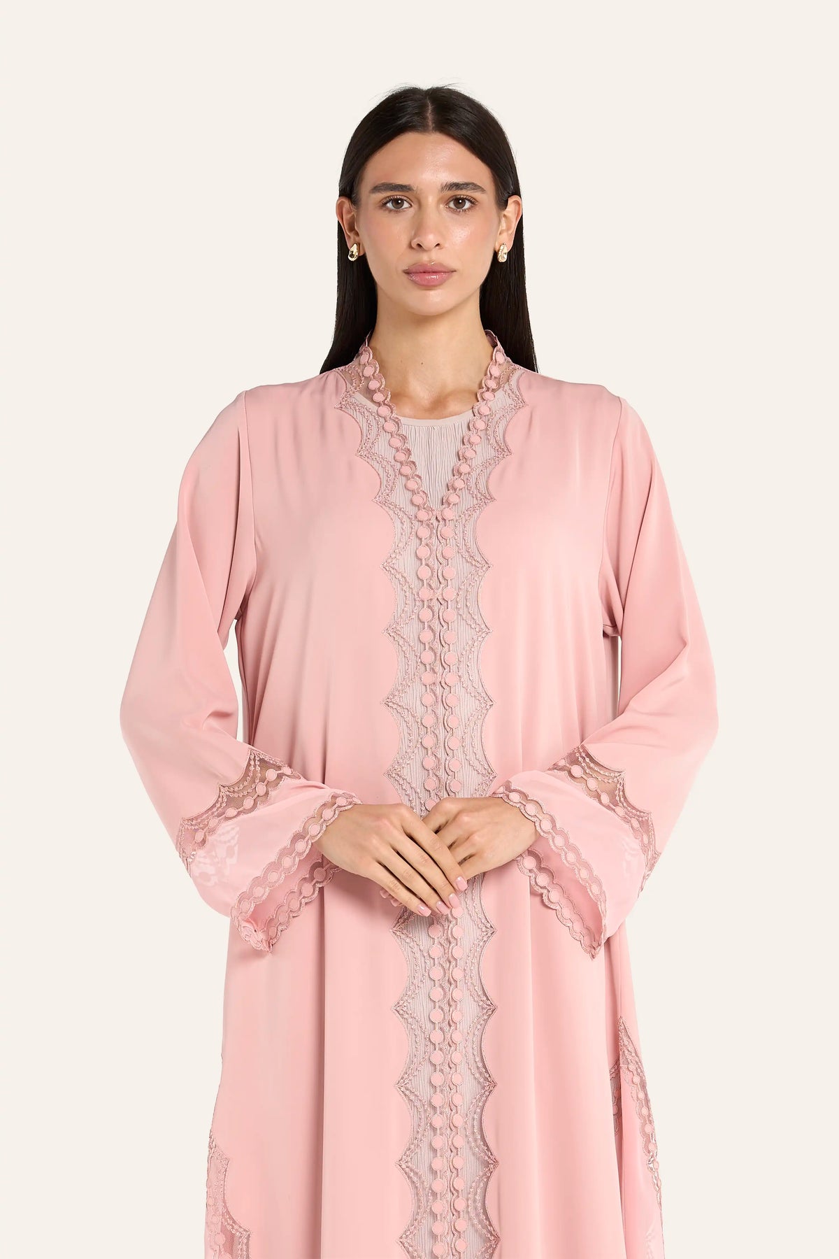 Louzan Chiffon Aari Embroidered Abaya - Peach - Image 1