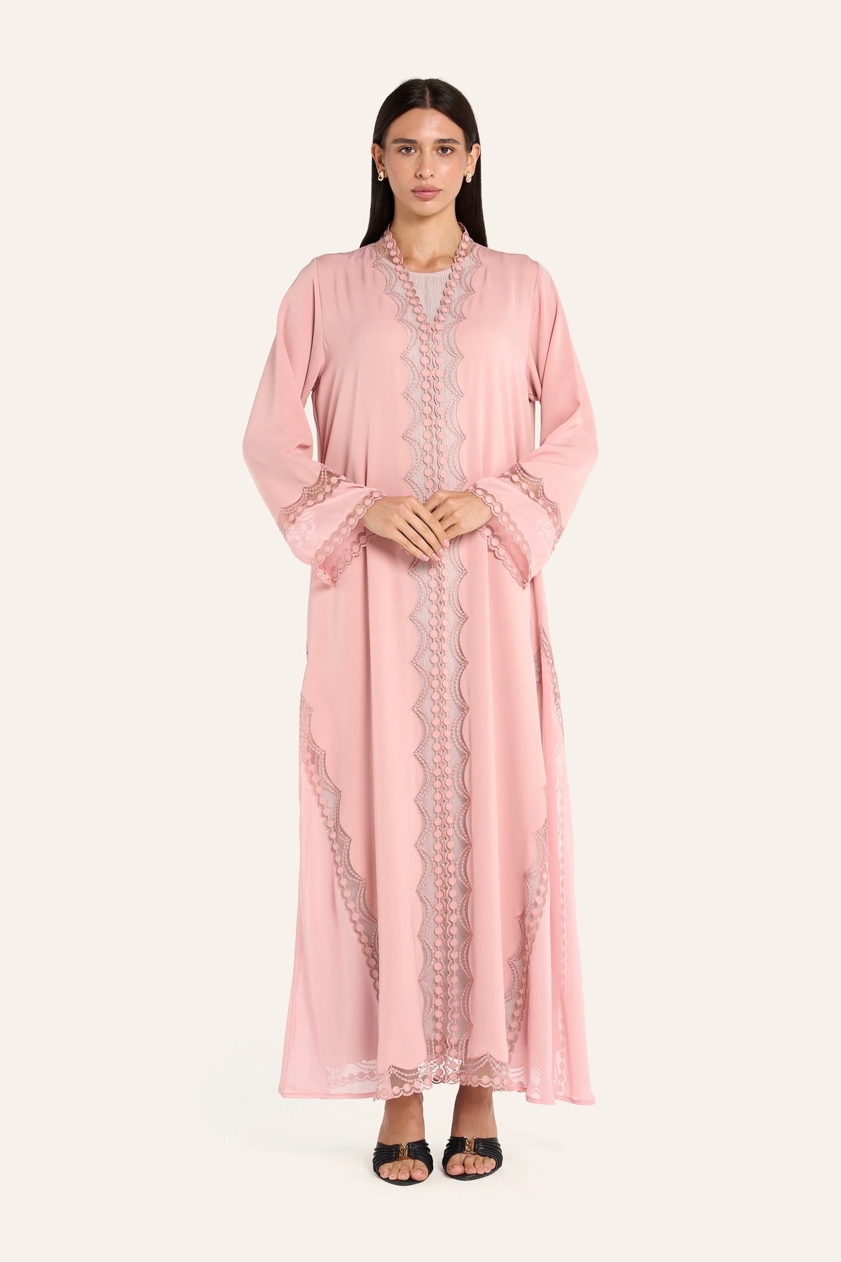Louzan Chiffon Aari Embroidered Abaya - Peach - Image 2