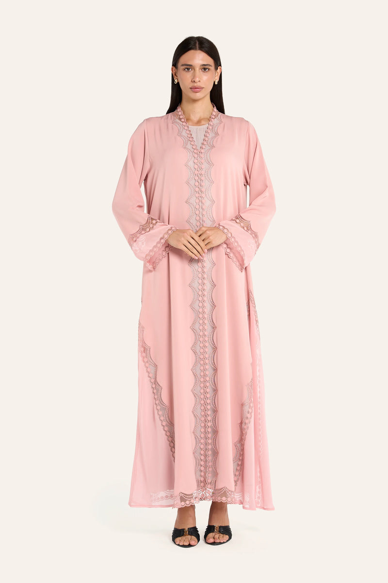 Louzan Chiffon Aari Embroidered Abaya - Peach - Image 2
