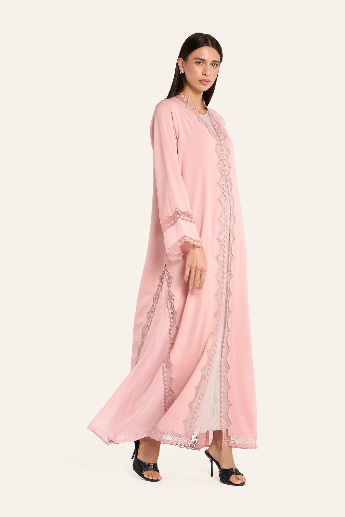 Louzan Chiffon Aari Embroidered Abaya - Peach - Image 3