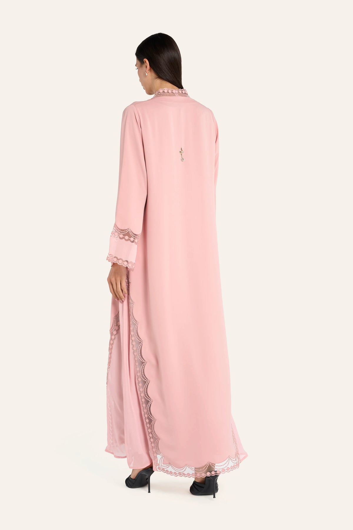 Louzan Chiffon Aari Embroidered Abaya - Peach - Image 4