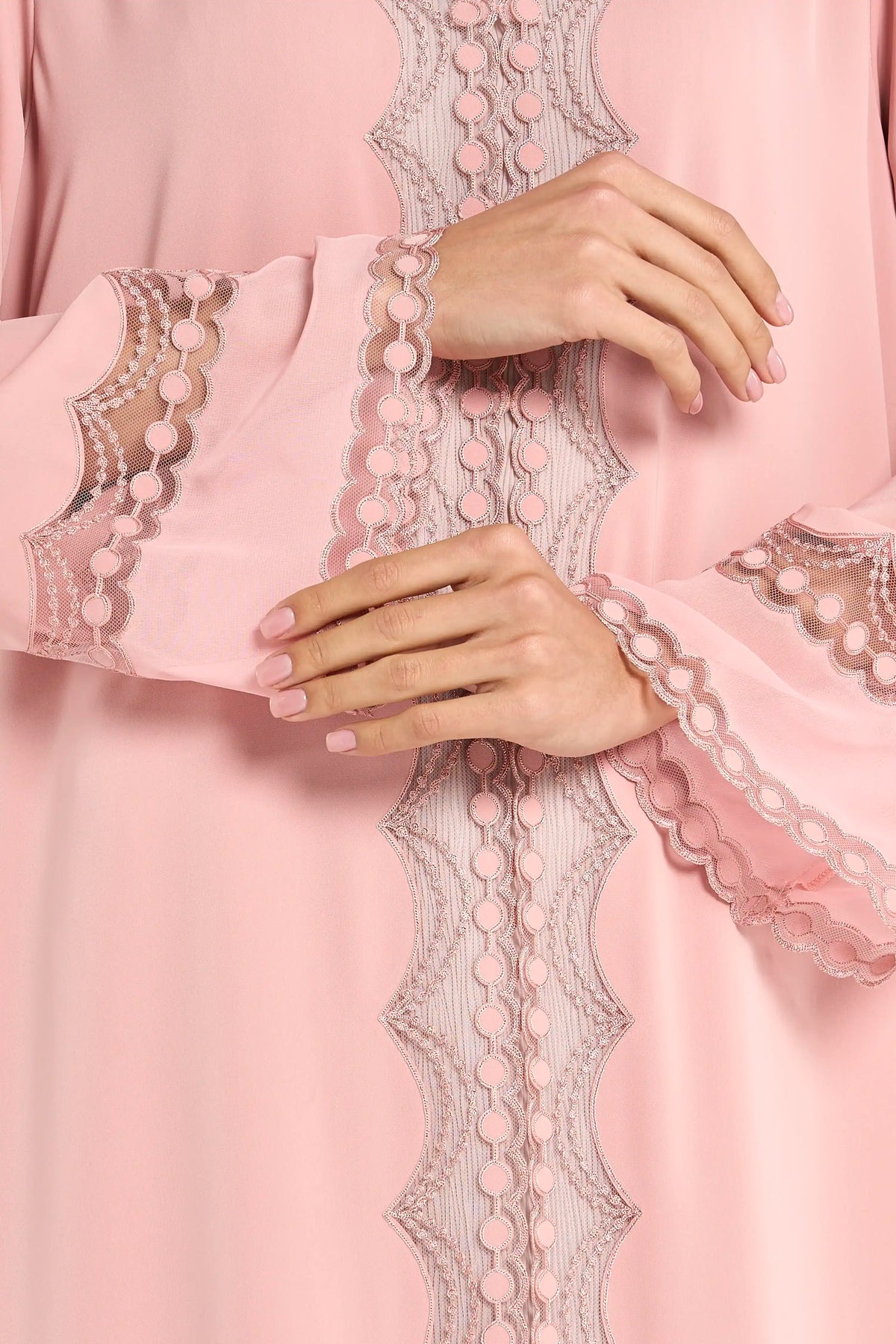 Louzan Chiffon Aari Embroidered Abaya - Peach - Image 5