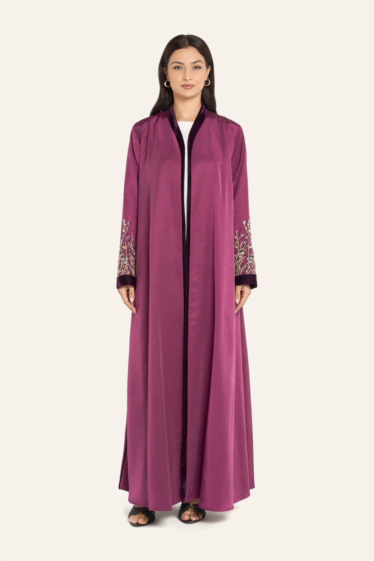 Louzan Embroidered Sleeve Abaya in Rose Berry