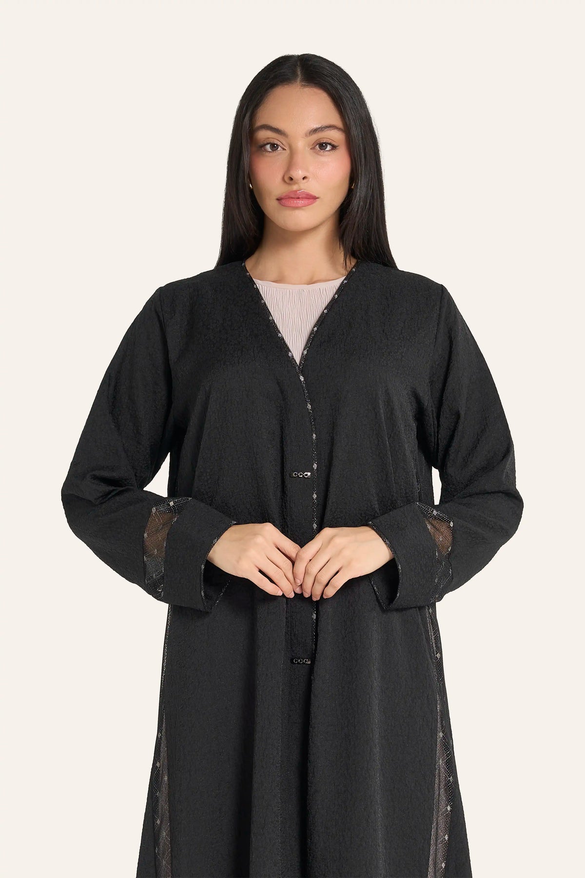 Louzan Jacquard & Tulle Abaya | Piping Embroidery Edge Detail