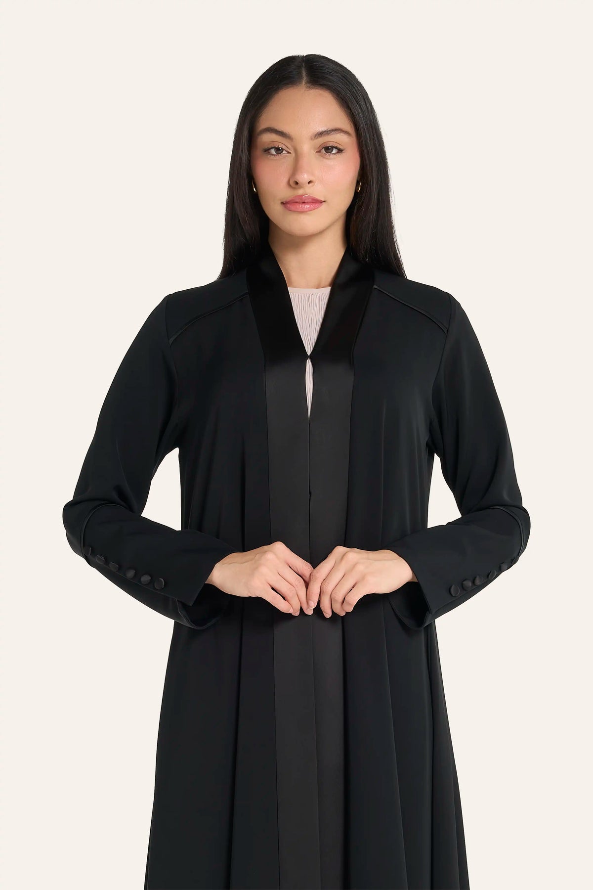 Louzan Nida & Satin Abaya | Shawl Collar Piping & Satin Buttons