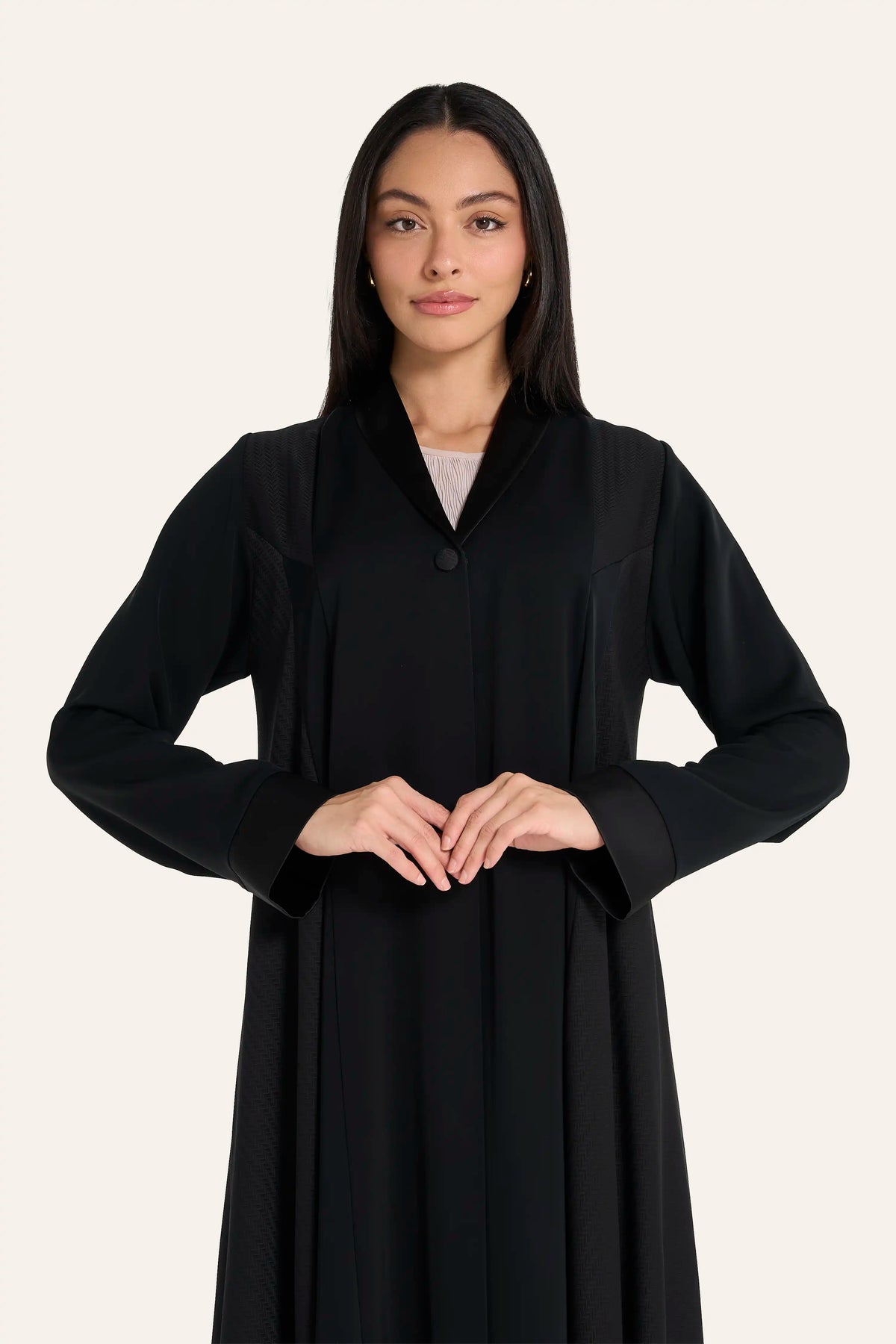 Louzan Nida & Dobby Abaya | Shawl Collar Panel & Fabric Buttons