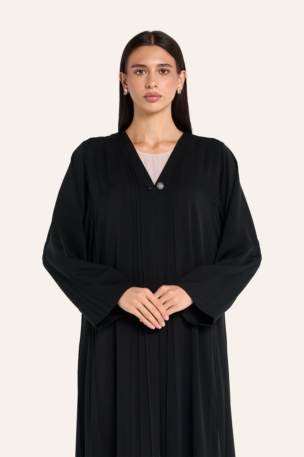 Louzan Pintuck Button Abaya - Black - Image 1
