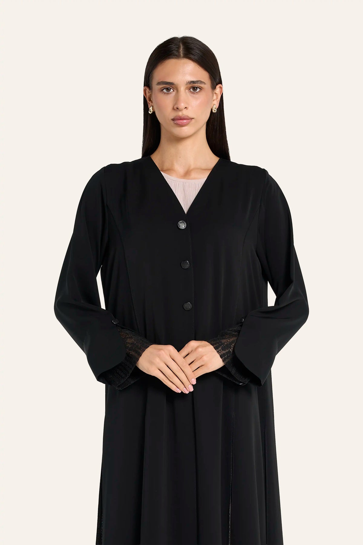 Louzan Box Pleat Lace Abaya - Black - Image 1
