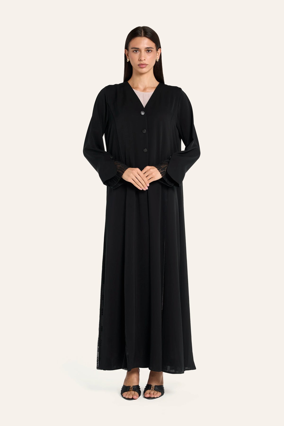 Louzan Box Pleat Lace Abaya - Black - Image 2