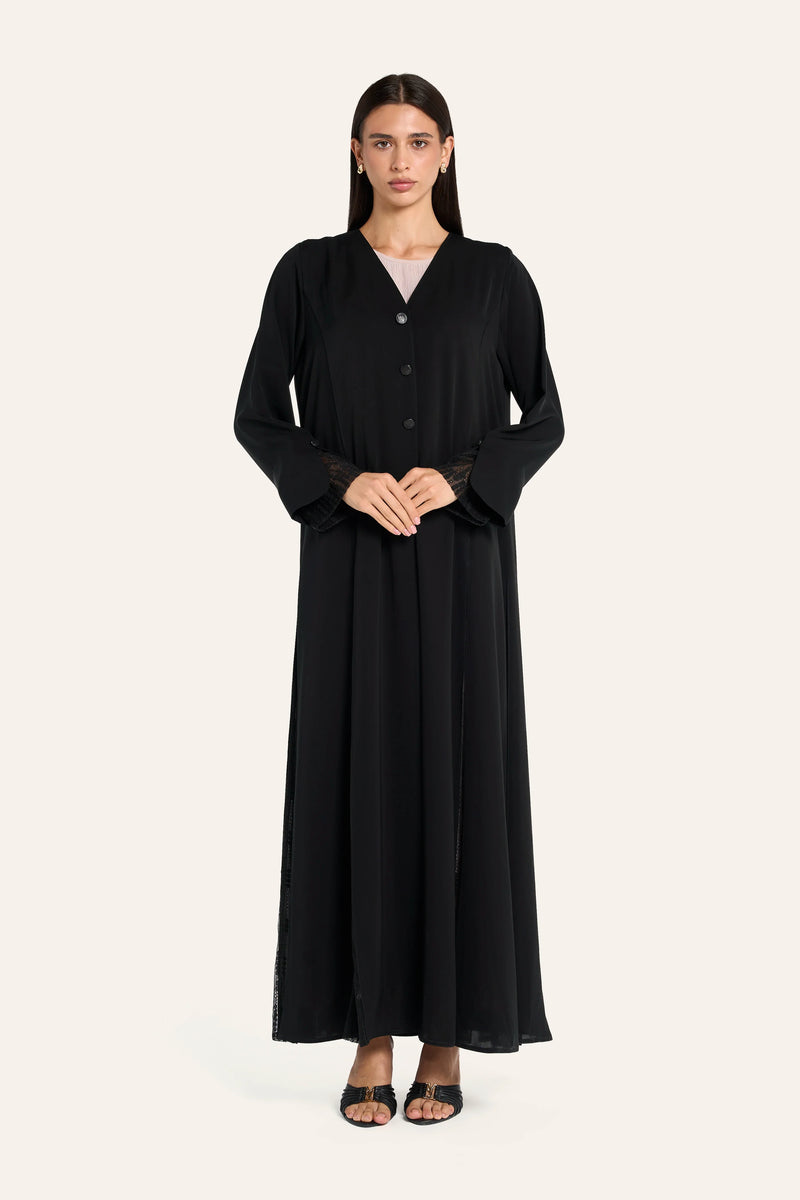 Louzan Box Pleat Lace Abaya - Black - Image 2