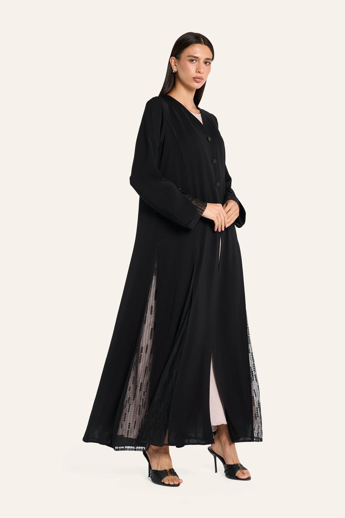 Louzan Box Pleat Lace Abaya - Black - Image 3