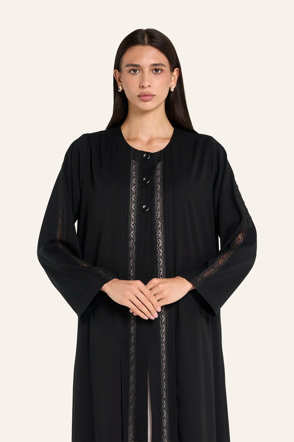 Louzan Dobby Lace Abaya - Black - Image 1
