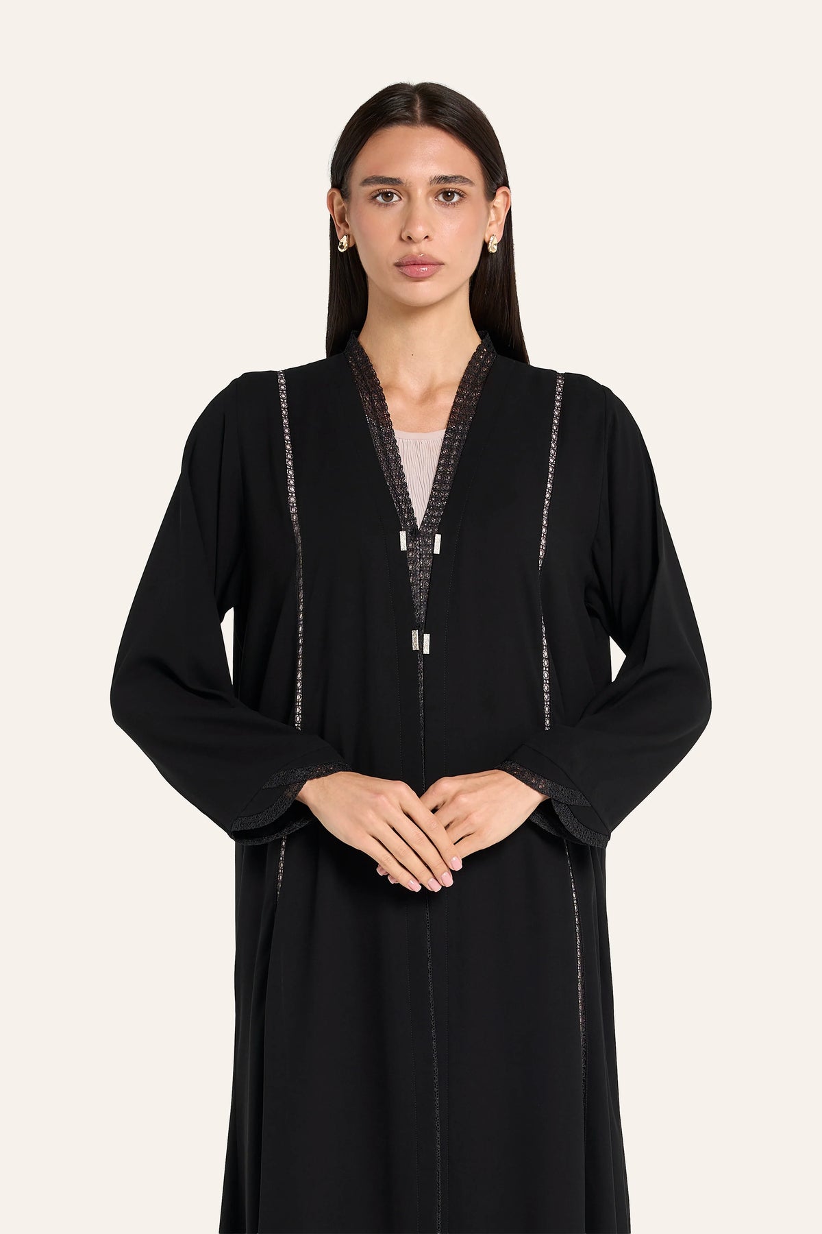 Louzan Lace Collar Abaya - Black - Image 1
