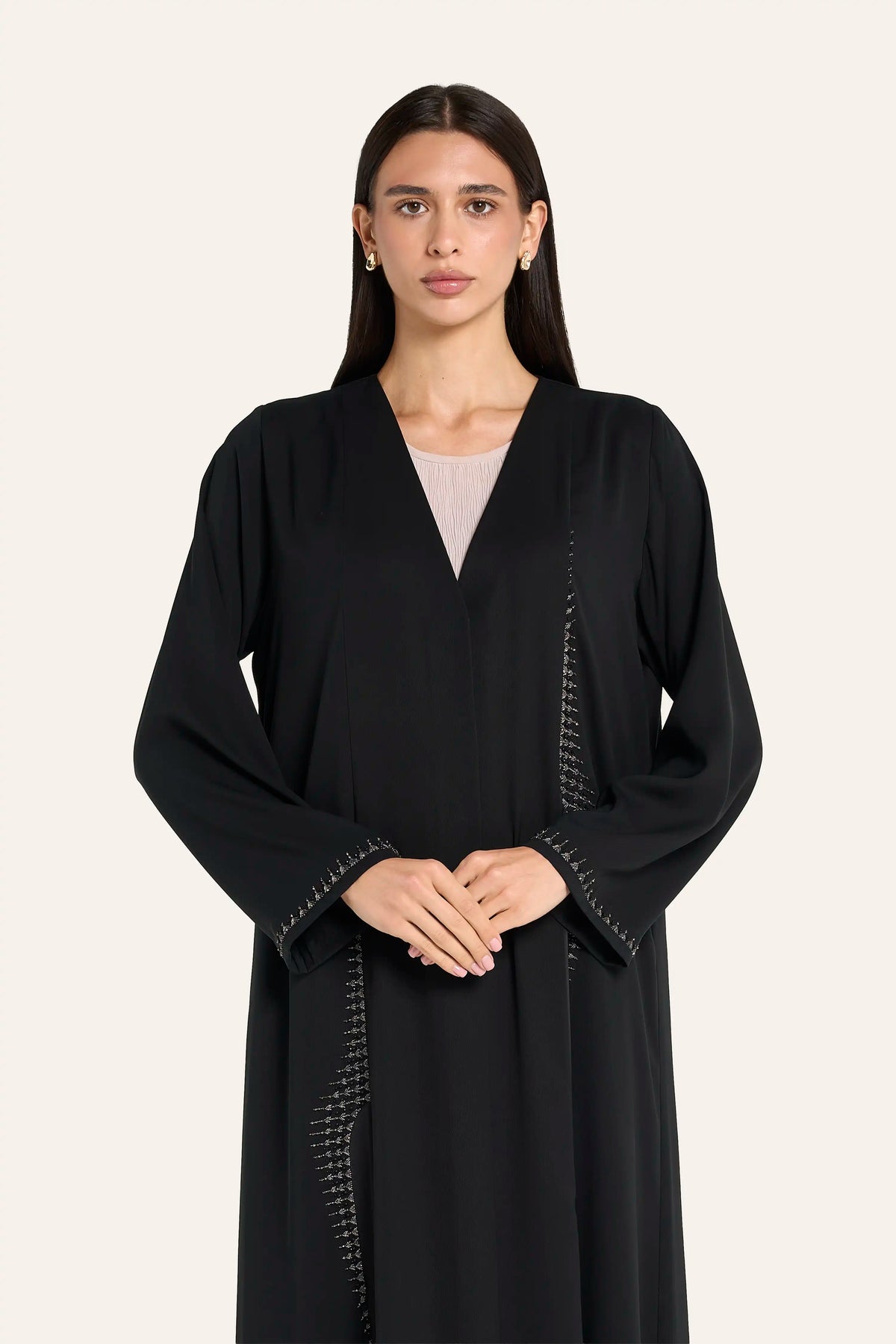 Louzan Satin Panel Embroidered Abaya - Black - Image 1