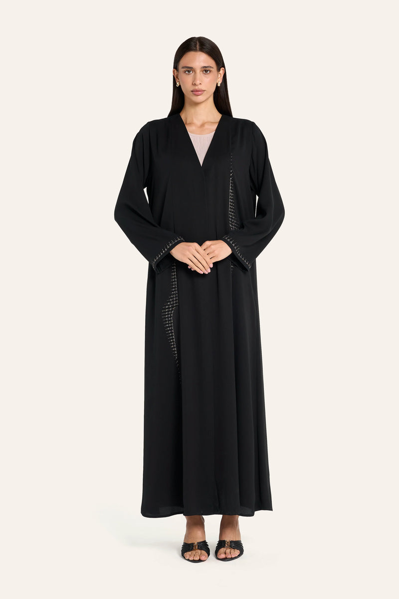 Louzan Satin Panel Embroidered Abaya - Black - Image 2