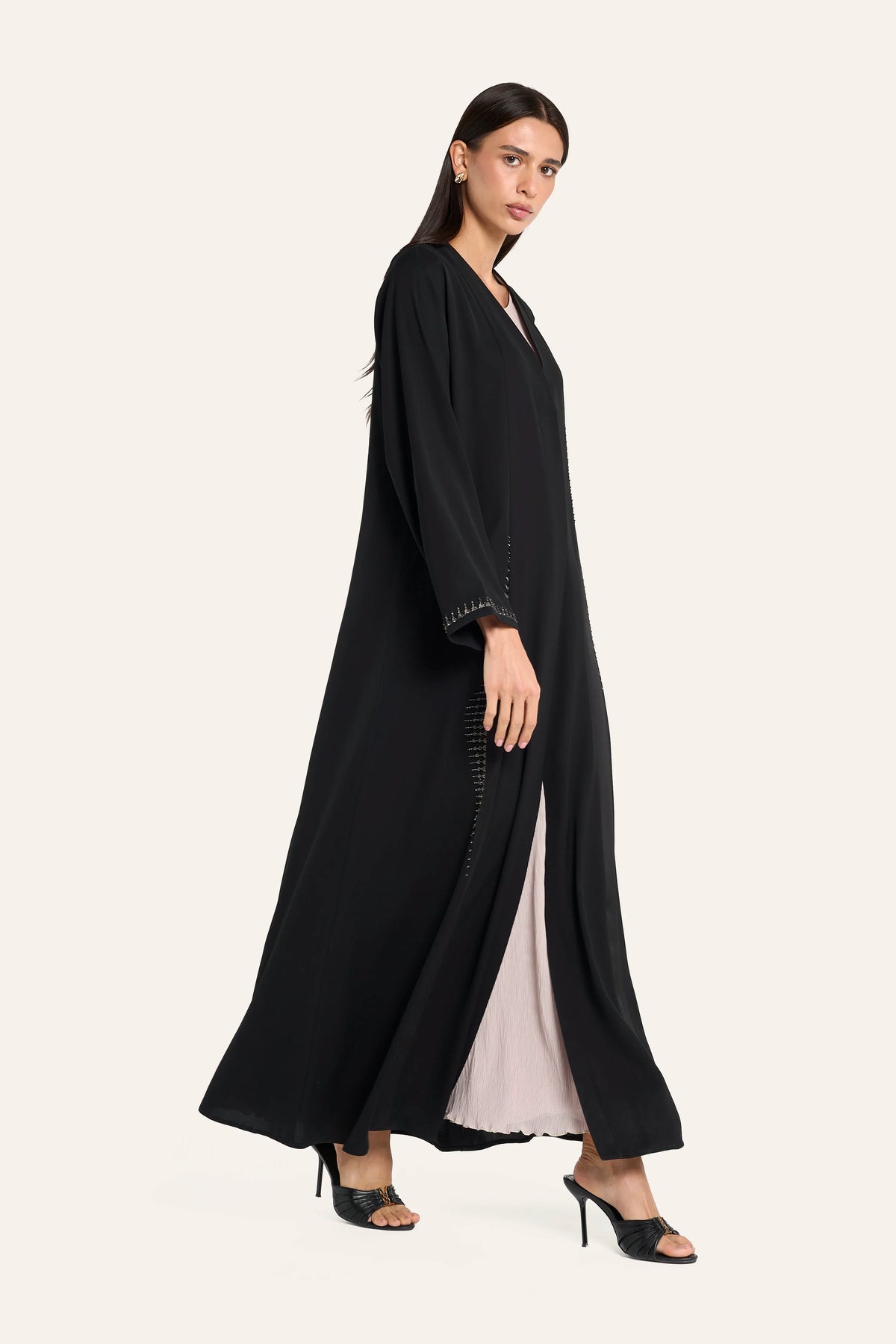 Louzan Satin Panel Embroidered Abaya - Black - Image 3