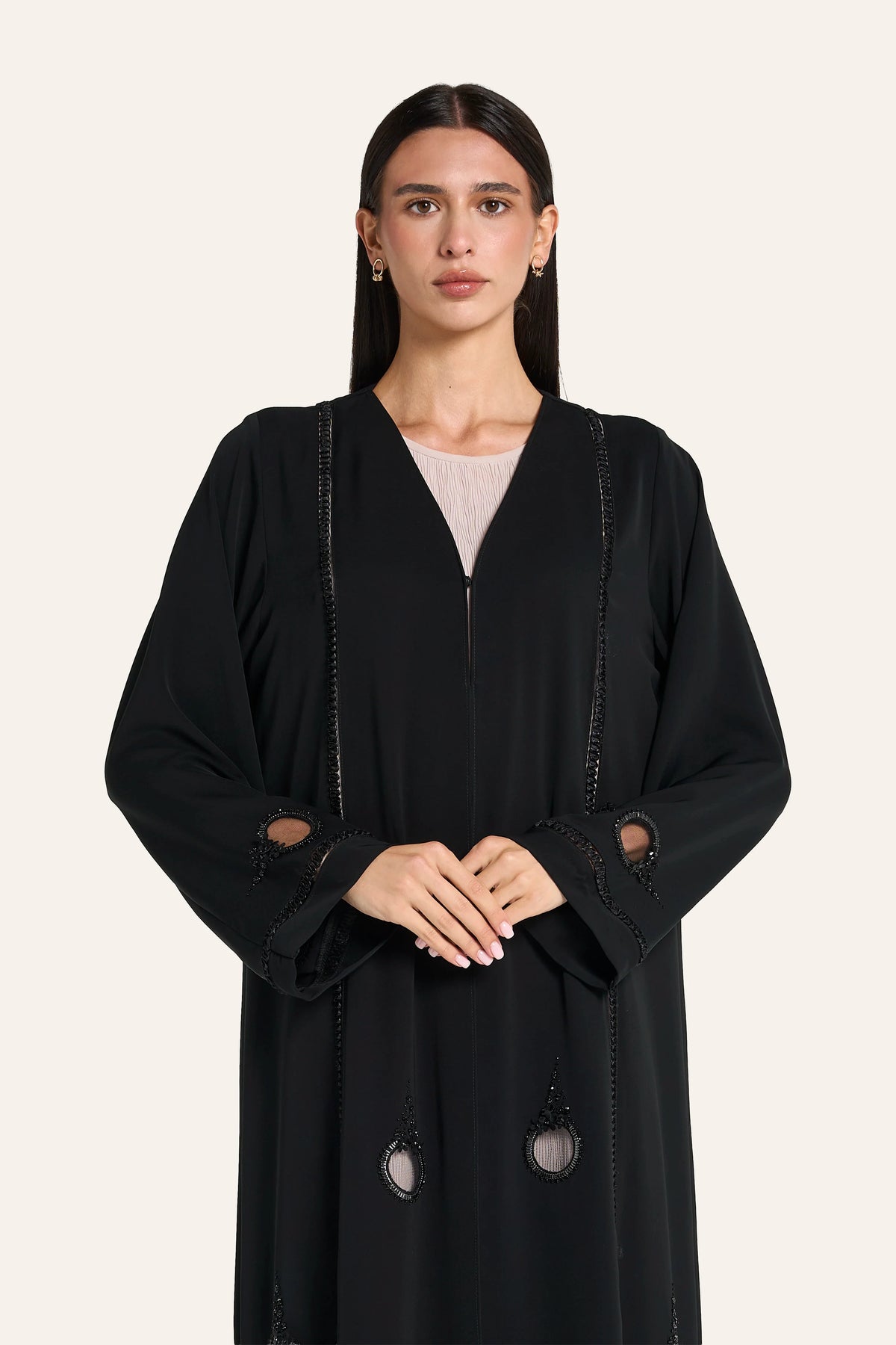 Louzan Circular Motif Crystal Abaya - Black - Image 1