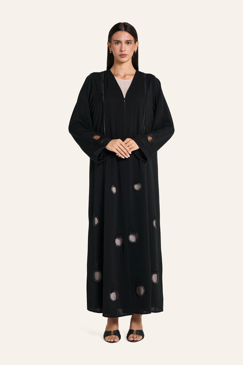 Louzan Circular Motif Crystal Abaya - Black - Image 2