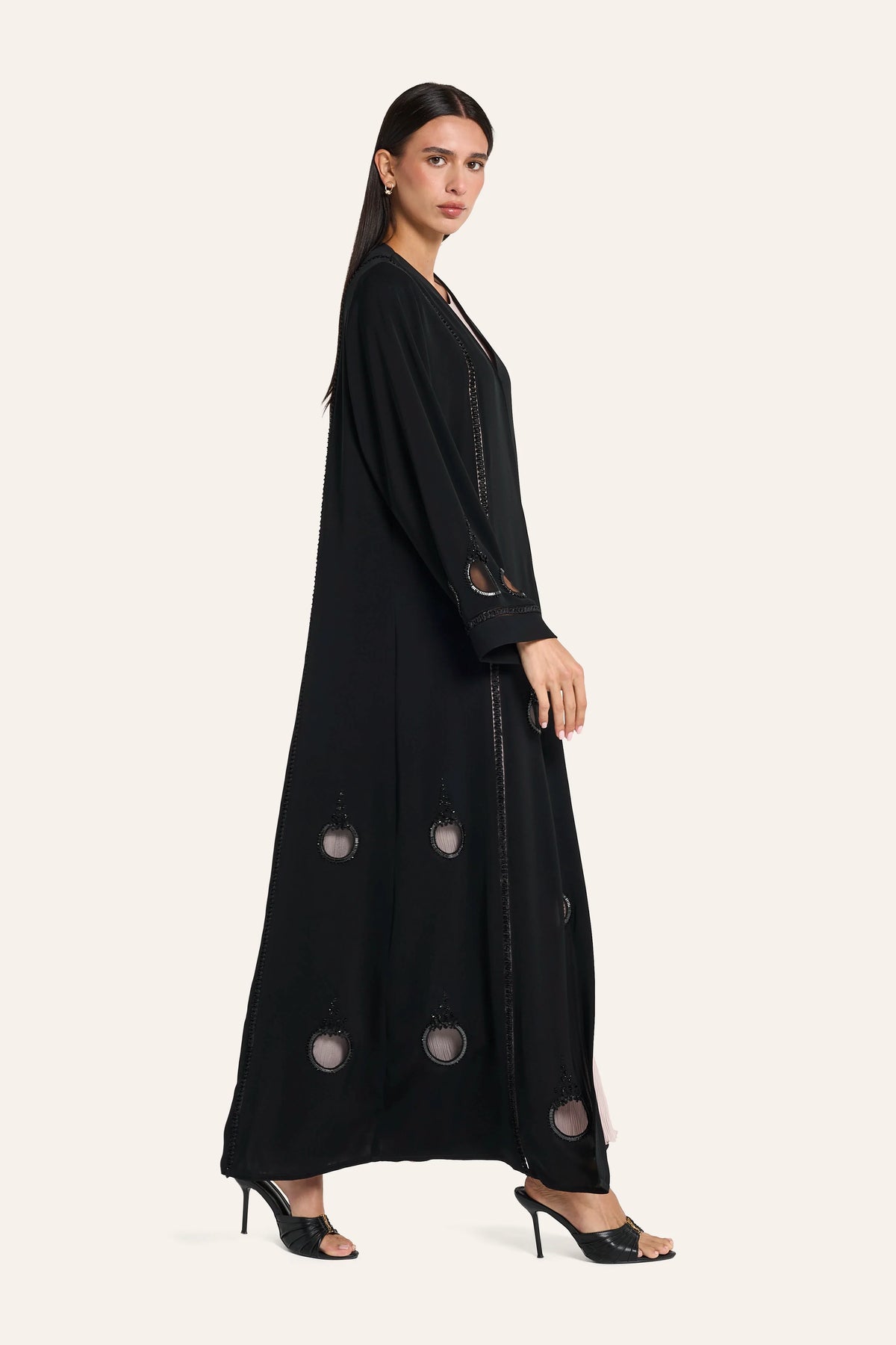 Louzan Circular Motif Crystal Abaya - Black - Image 3