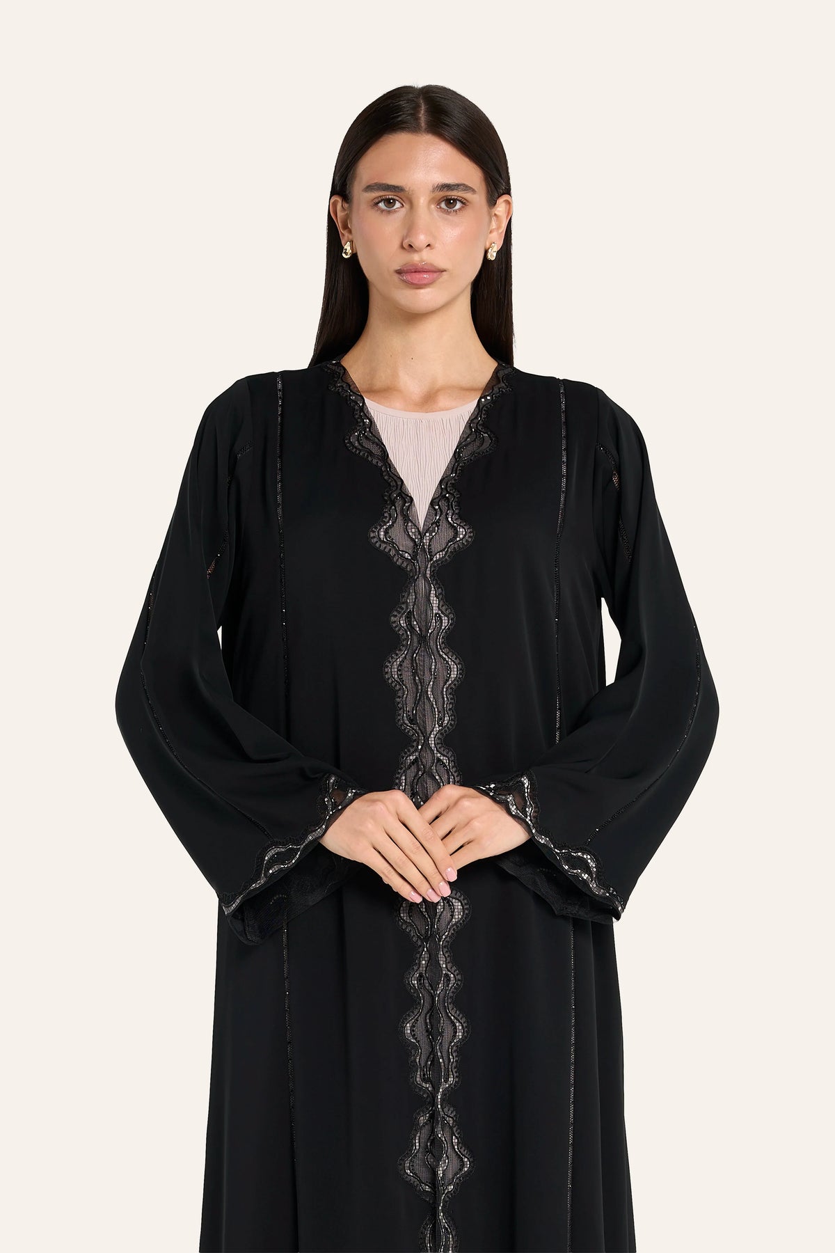 Louzan Vegan Leather Laser-Cut Abaya - Black - Image 1