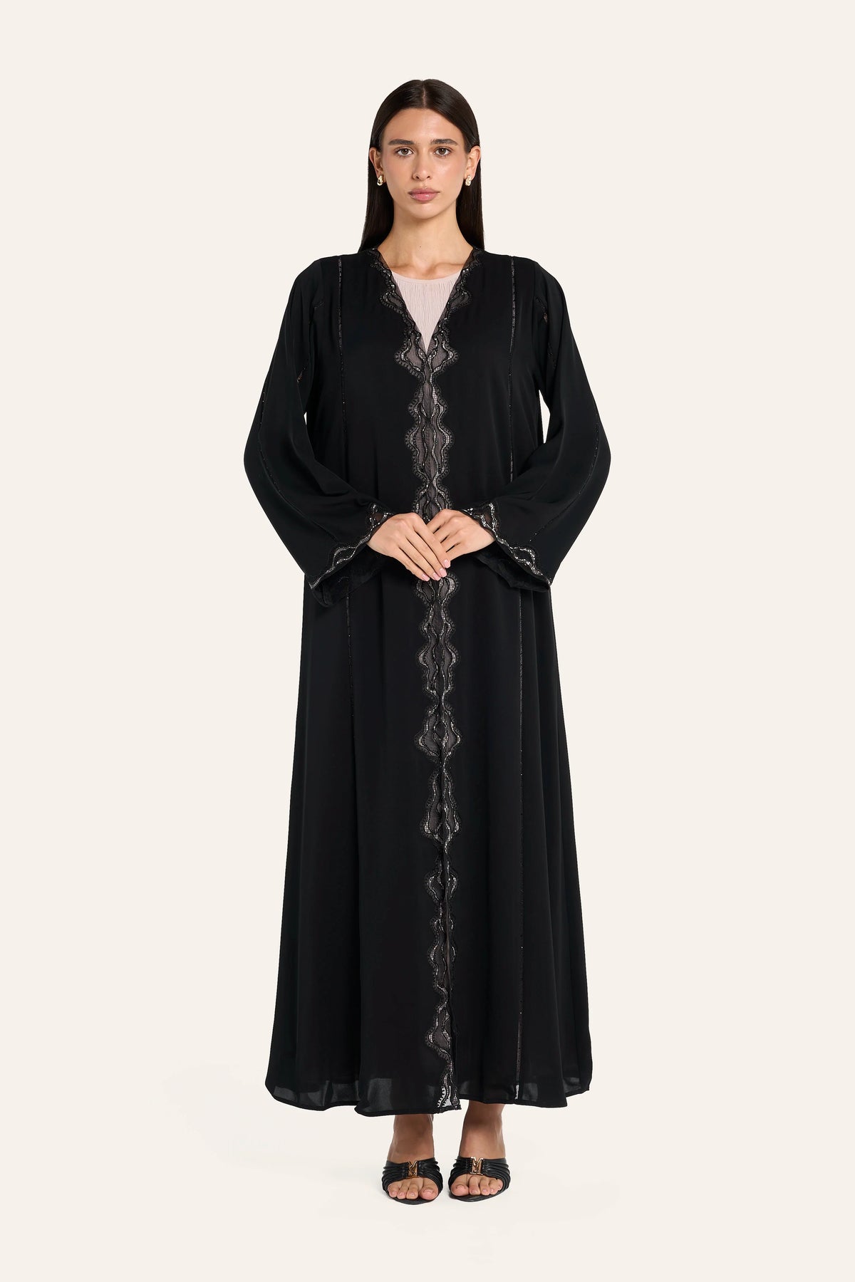 Louzan Vegan Leather Laser-Cut Abaya - Black - Image 2
