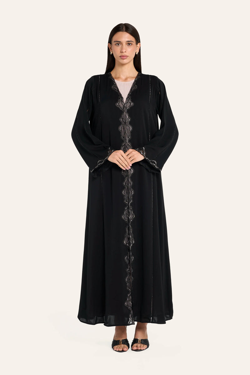 Louzan Vegan Leather Laser-Cut Abaya - Black - Image 2