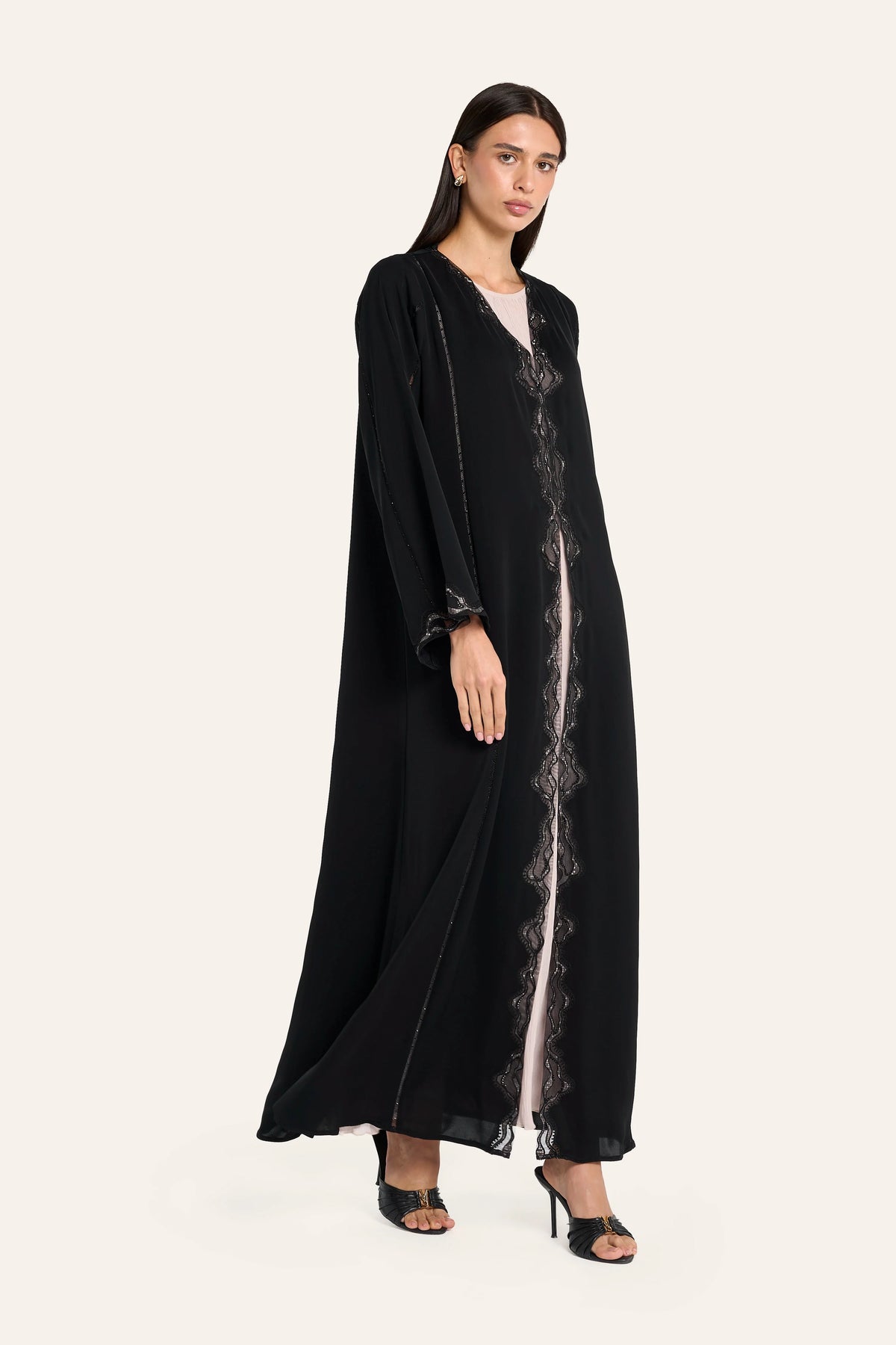 Louzan Vegan Leather Laser-Cut Abaya - Black - Image 3