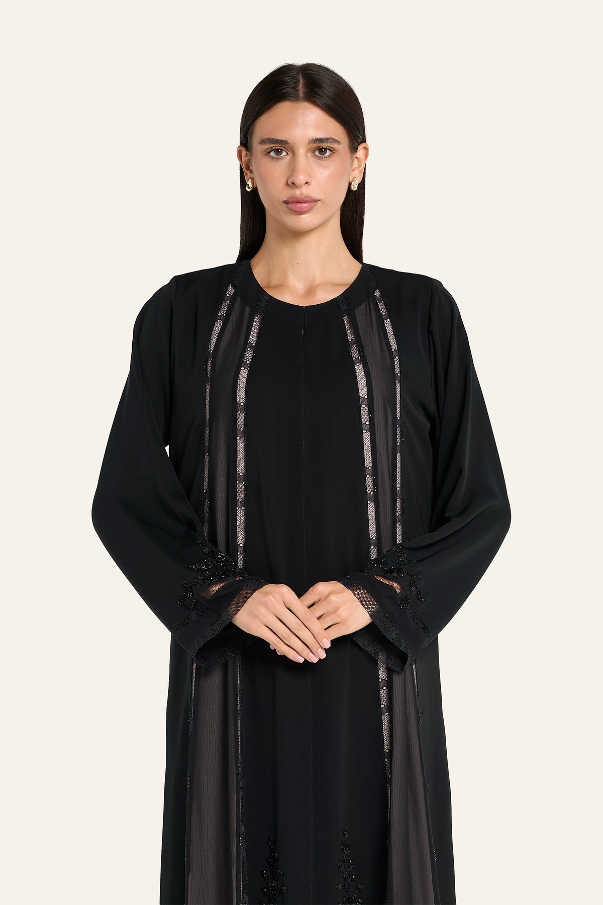 Louzan Crystal Lace Abaya - Black - Image 1