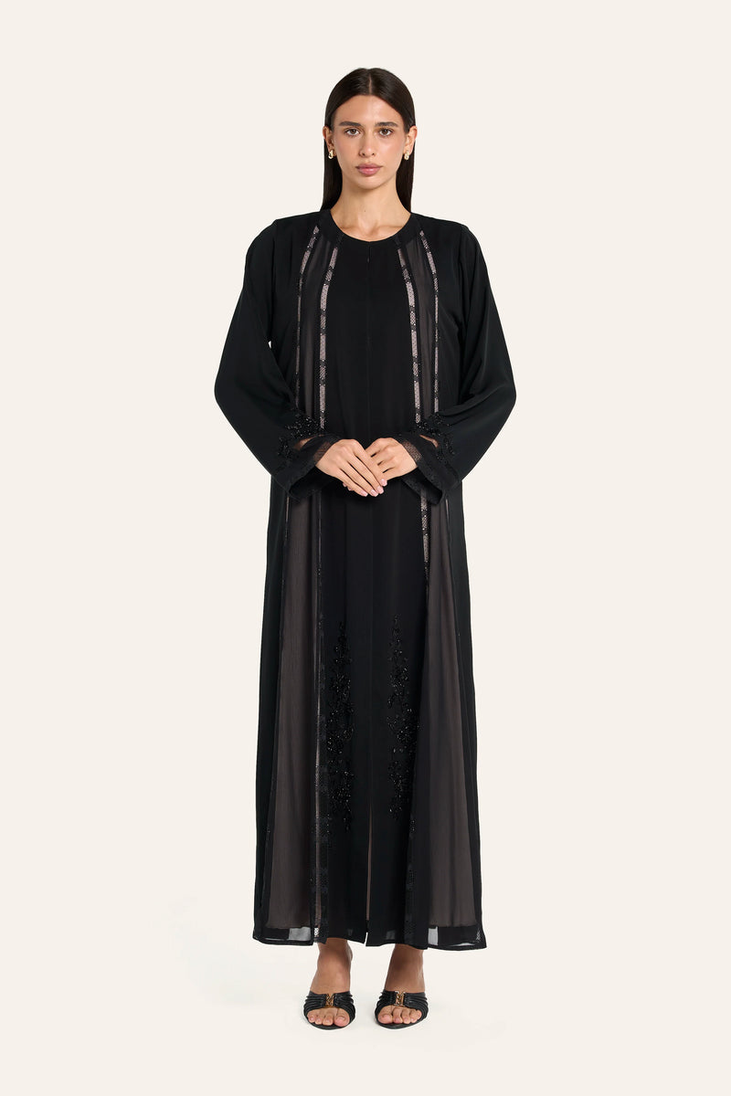 Louzan Crystal Lace Abaya - Black - Image 2