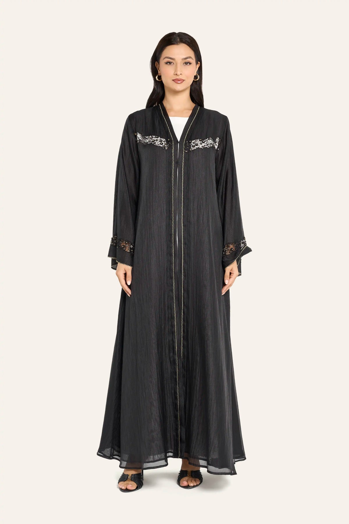 Louzan Embellished Sheer Overlay Abaya in Black