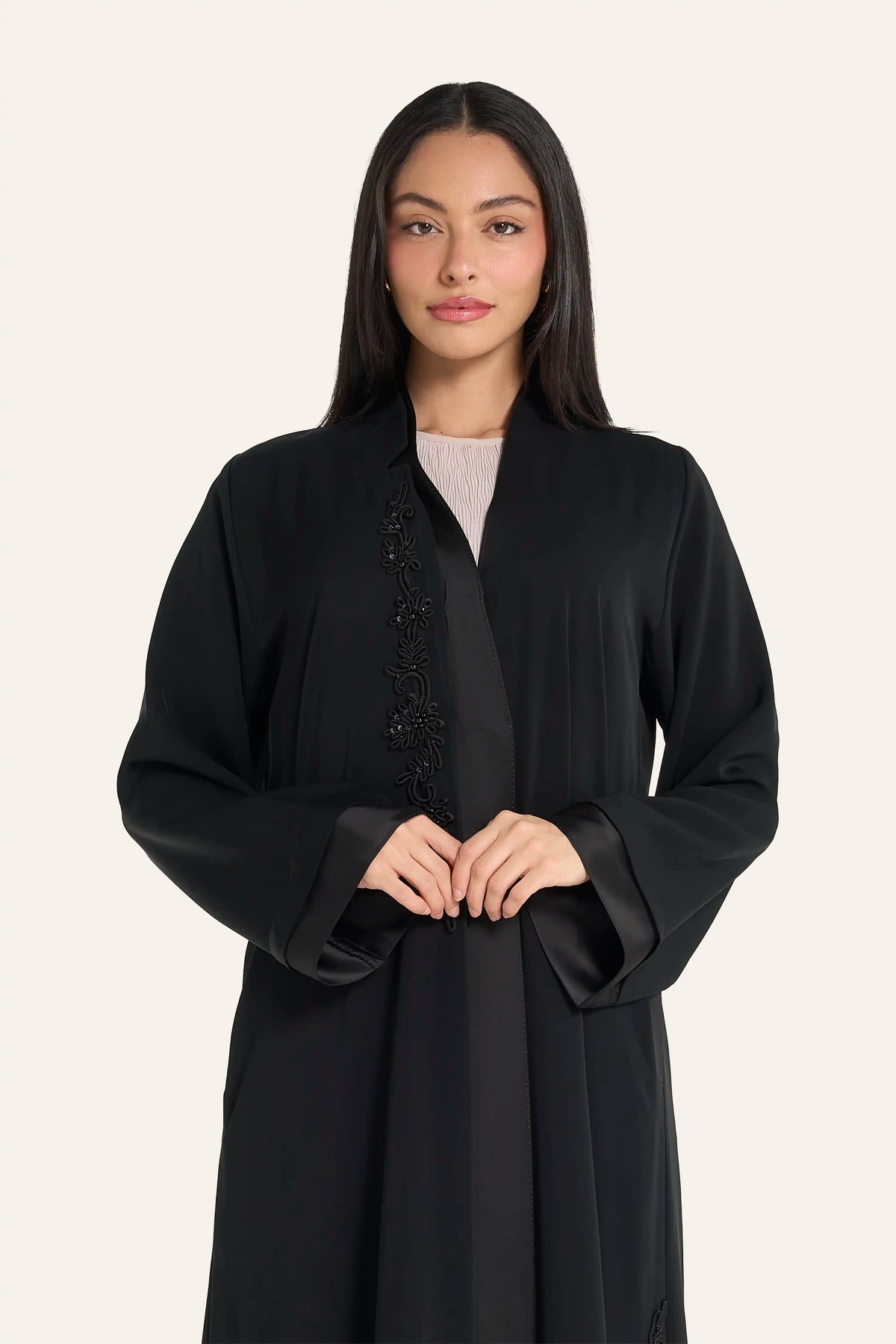 Louzan Nida & Satin Abaya | Asymmetric Floral Dori Embroidery