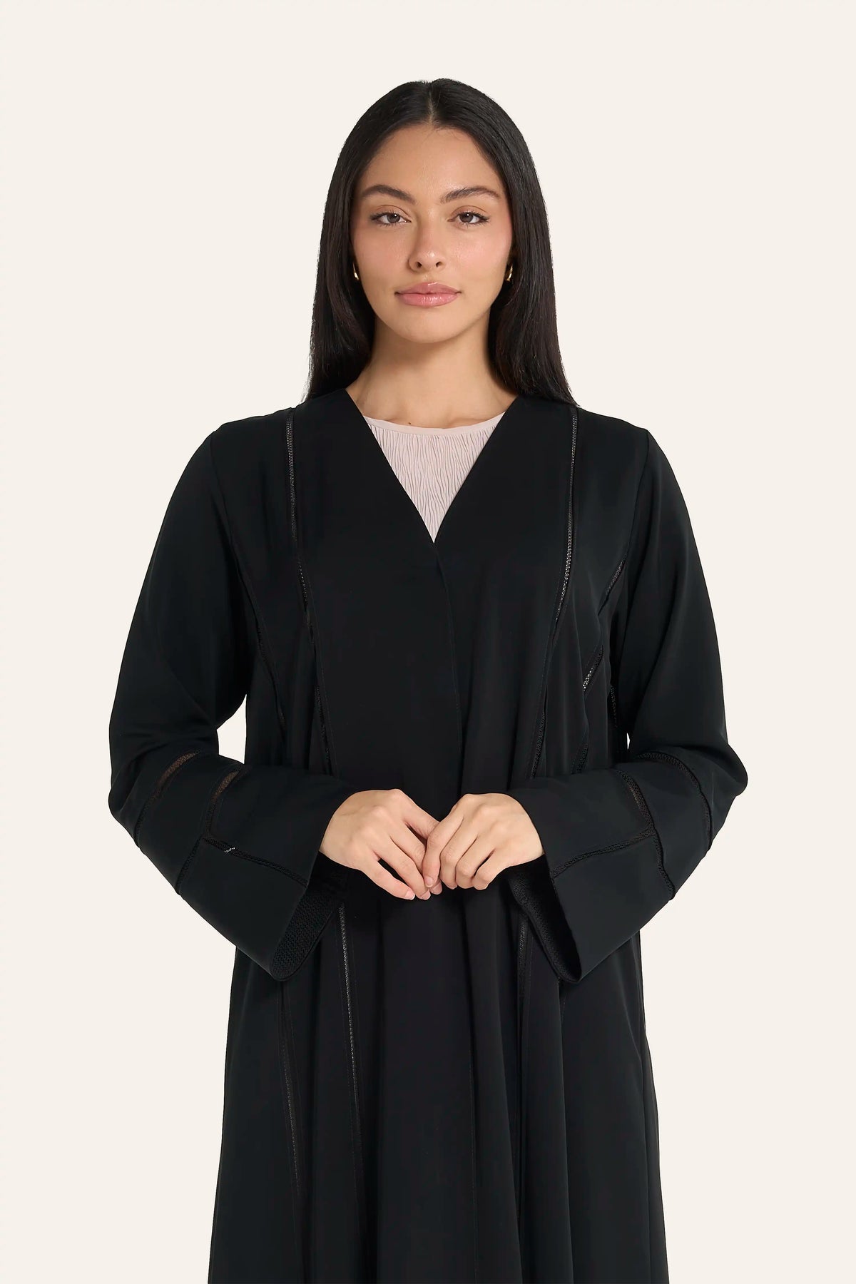 Louzan Premium Nida Abaya | Ladder Lace Princess Line & Sleeves