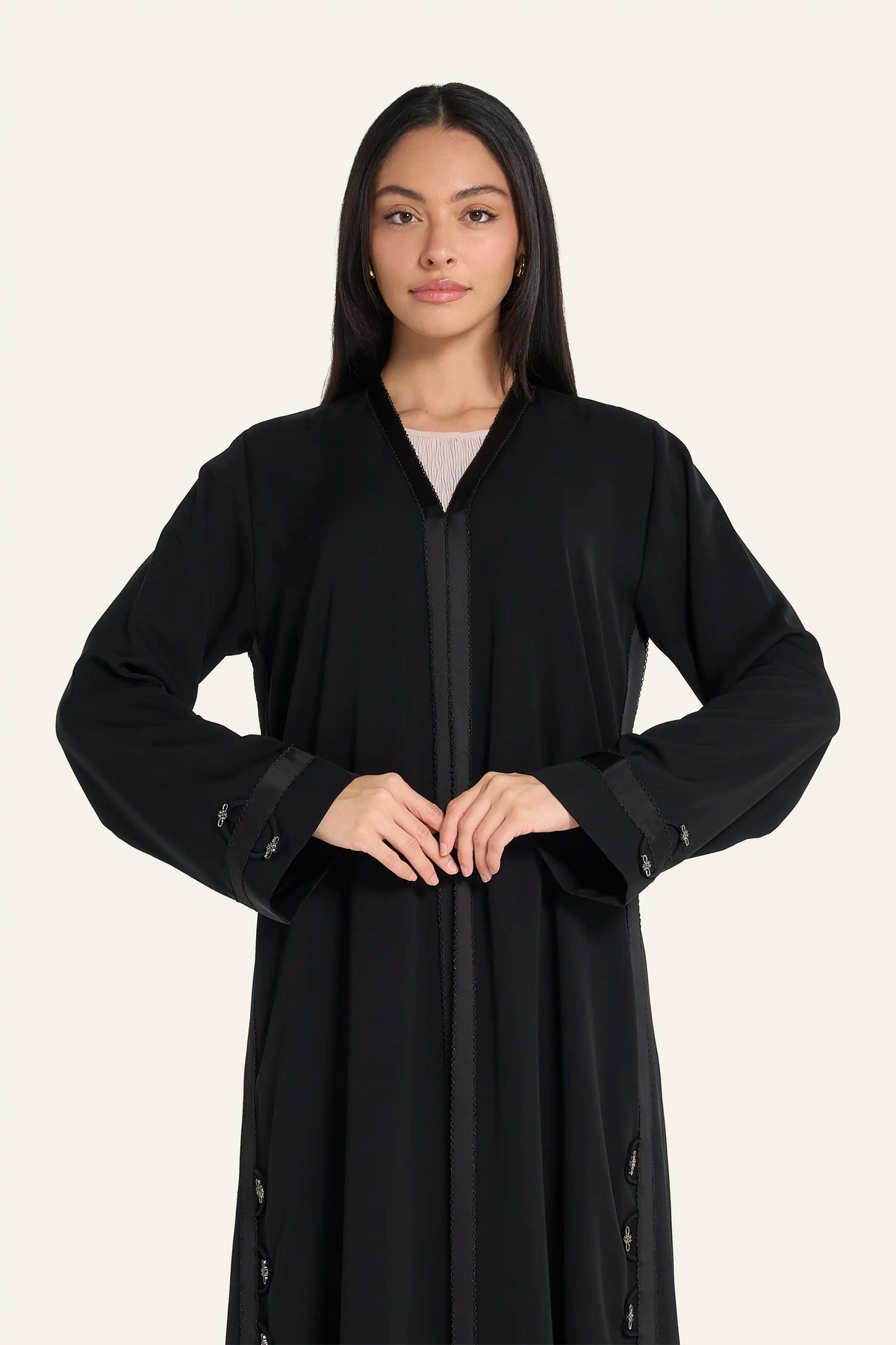 Louzan Crepe & Satin Abaya | Metal Trim & Piping Loop Side Detail