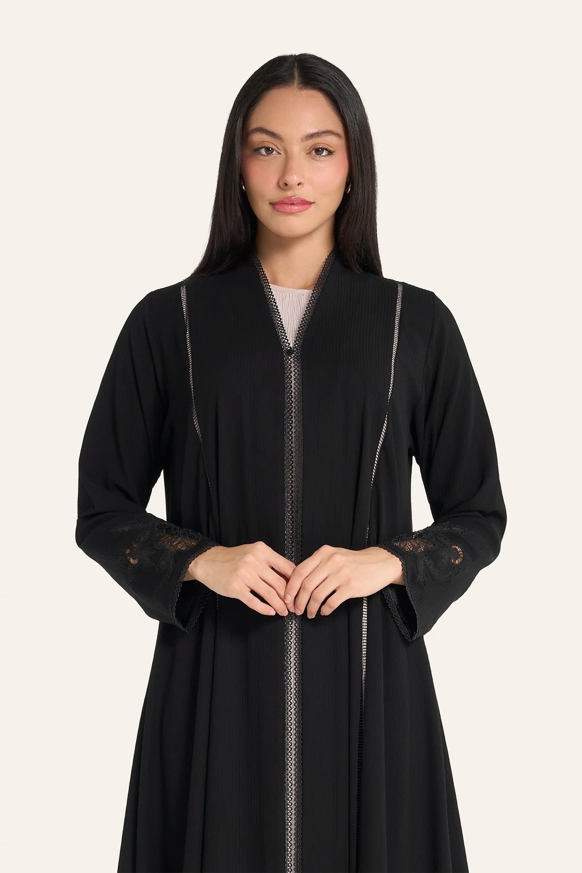 Louzan Dobby Abaya | Ladder Lace Princess Line & Floral Sleeve