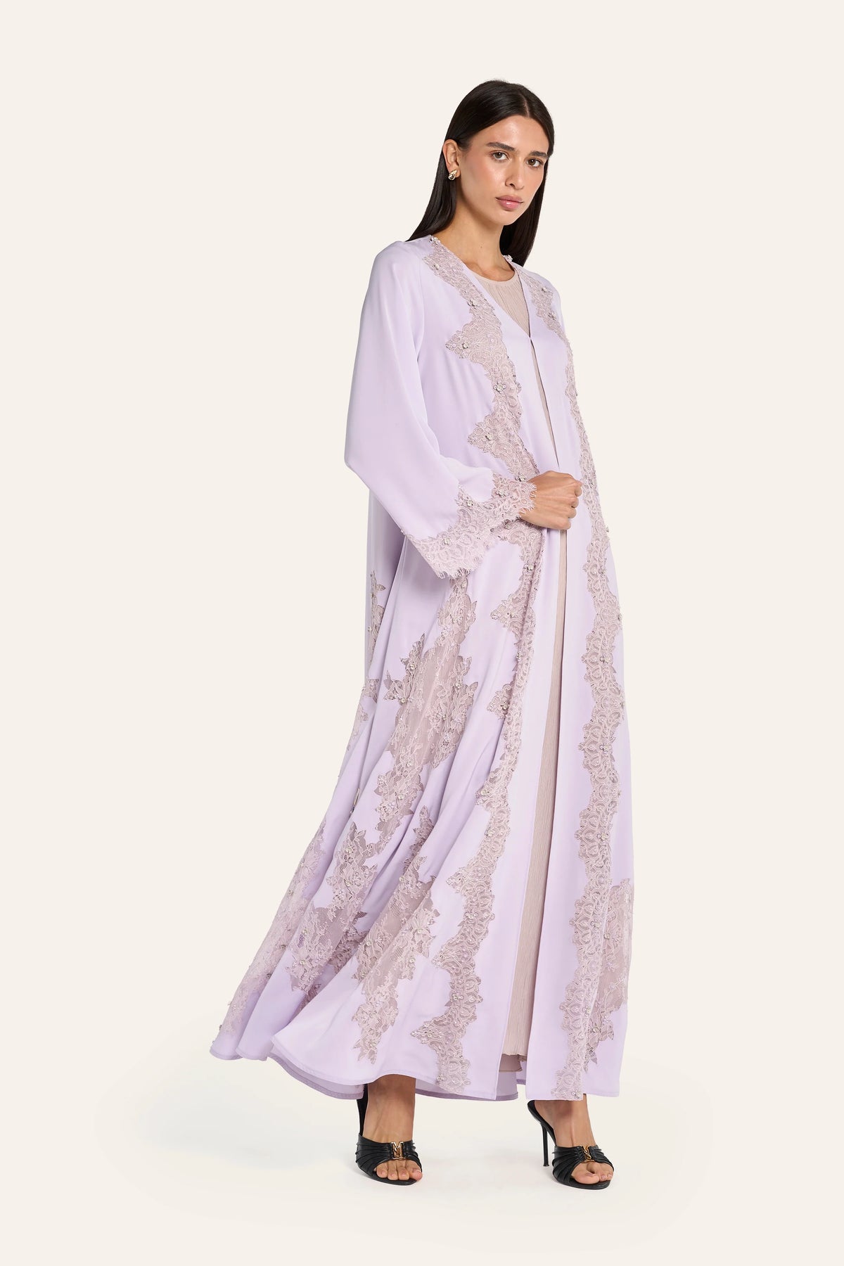 Louzan Dantel Lace Abaya - Mauve - Image 3