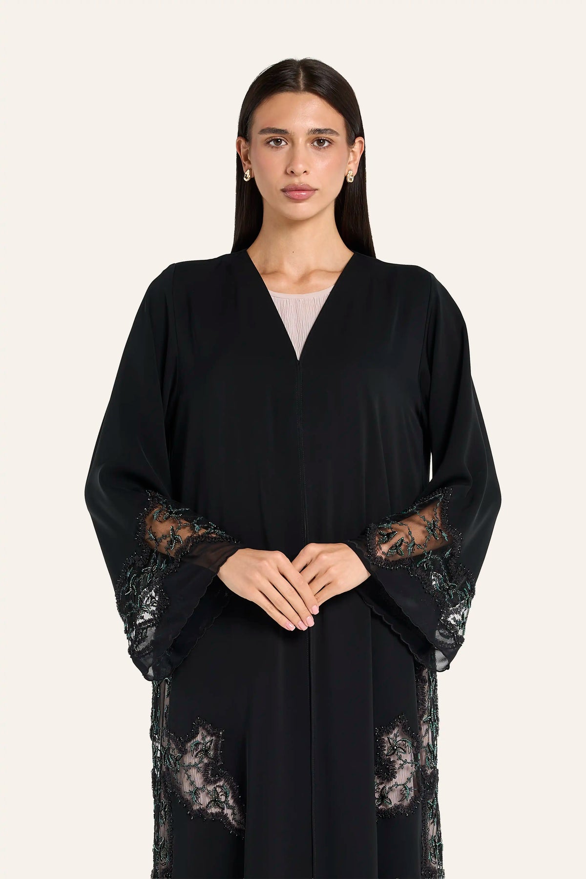 Louzan Organza Ribbon Abaya - Black - Image 1