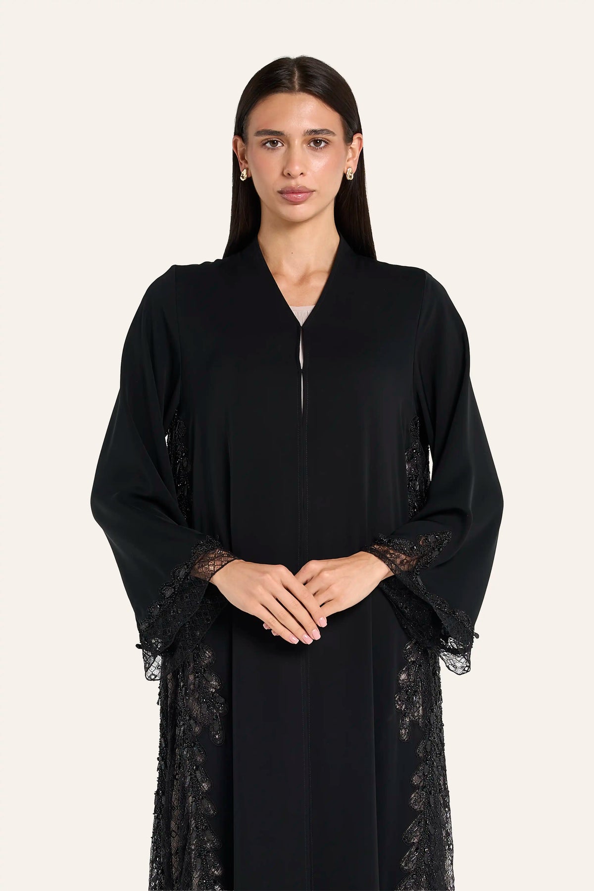 Louzan Leaf Motif Lace Abaya - Black - Image 1