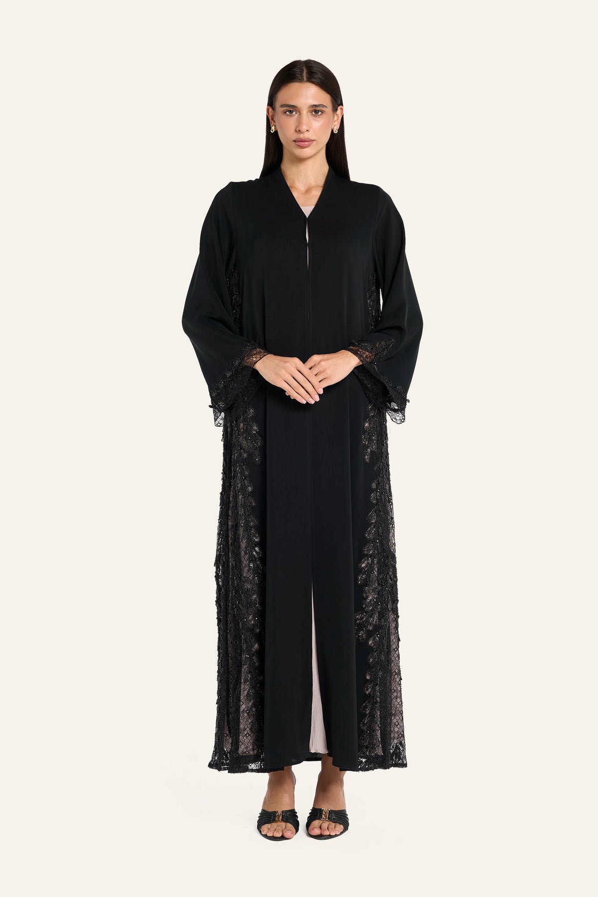 Louzan Leaf Motif Lace Abaya - Black - Image 2