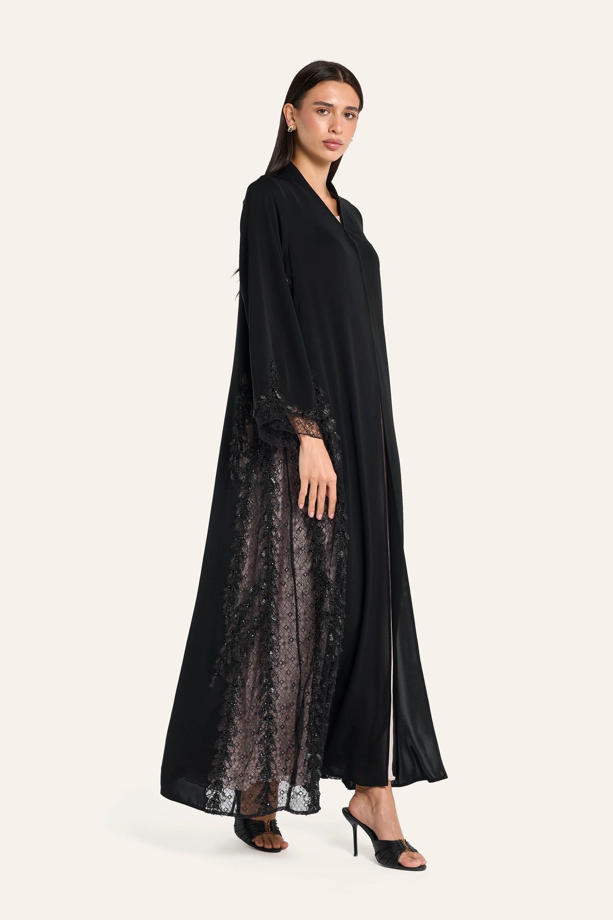 Louzan Leaf Motif Lace Abaya - Black - Image 3