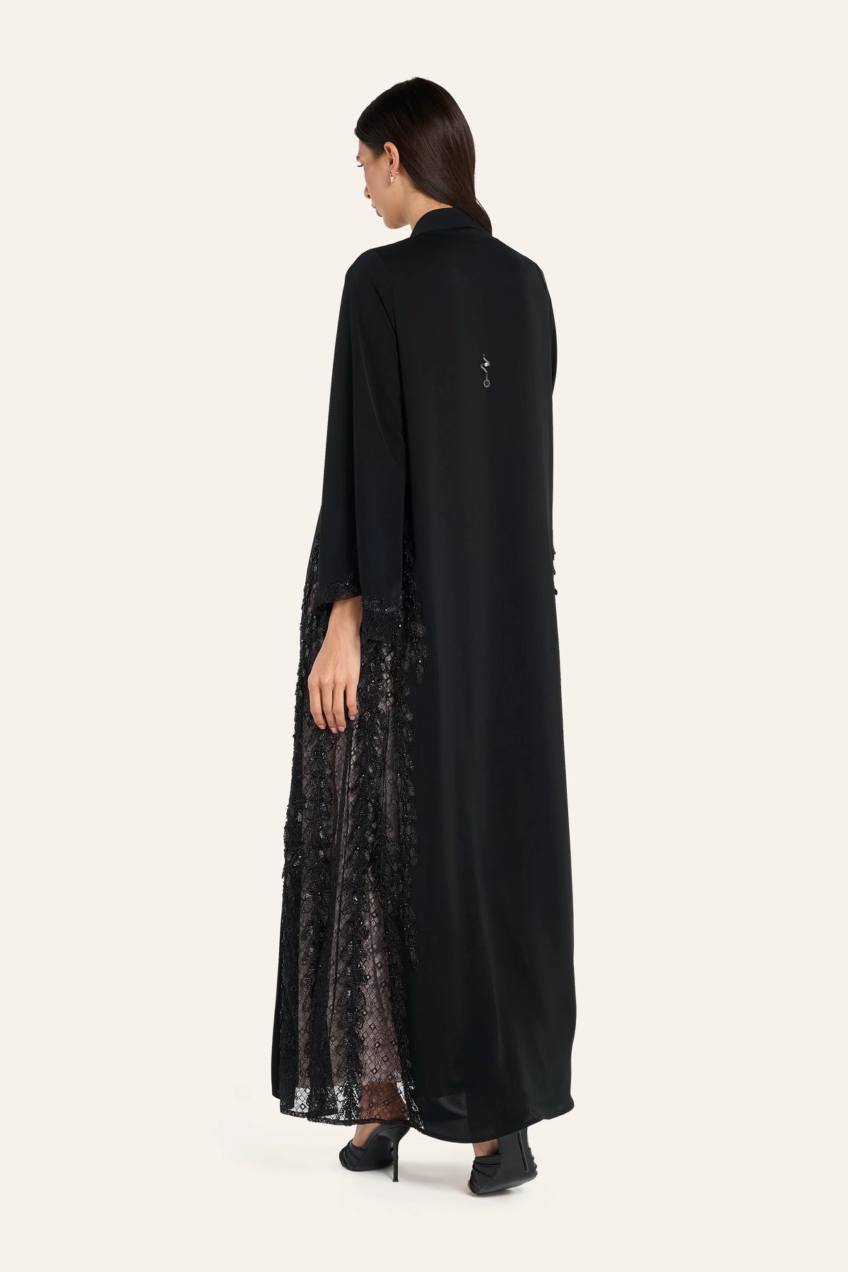Louzan Leaf Motif Lace Abaya - Black - Image 4