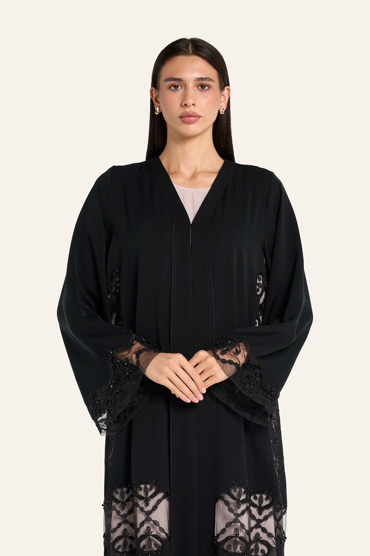 Louzan Geometric Back Embroidery Abaya - Black - Image 1