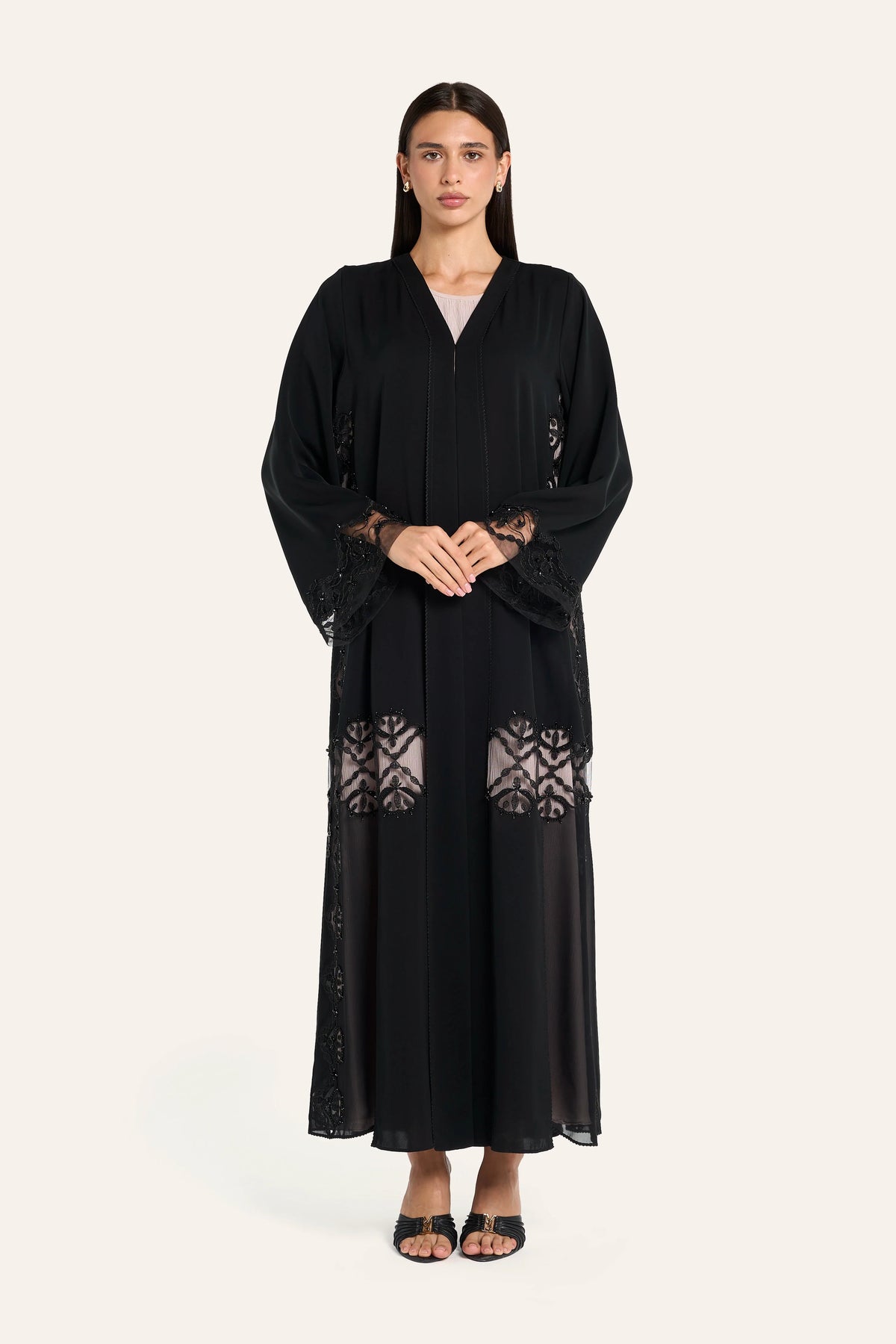 Louzan Geometric Back Embroidery Abaya - Black - Image 2