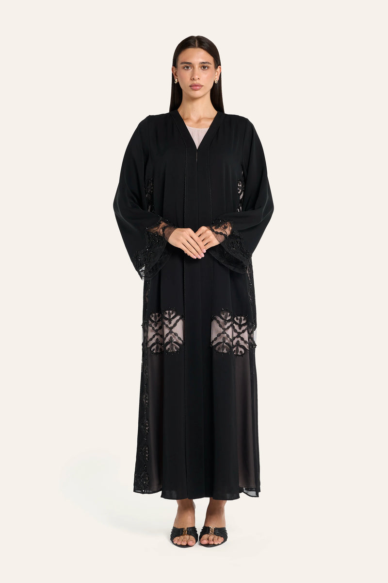 Louzan Geometric Back Embroidery Abaya - Black - Image 2